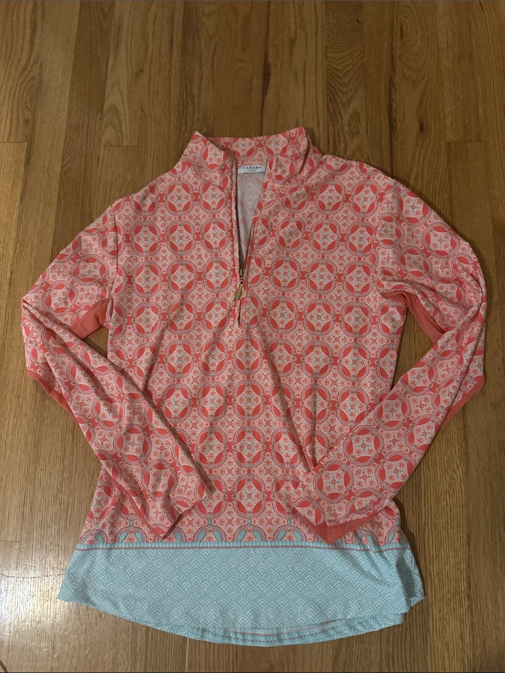 Cabana Life Coral Patterned Quarter-Zip Top with Aqua Hem